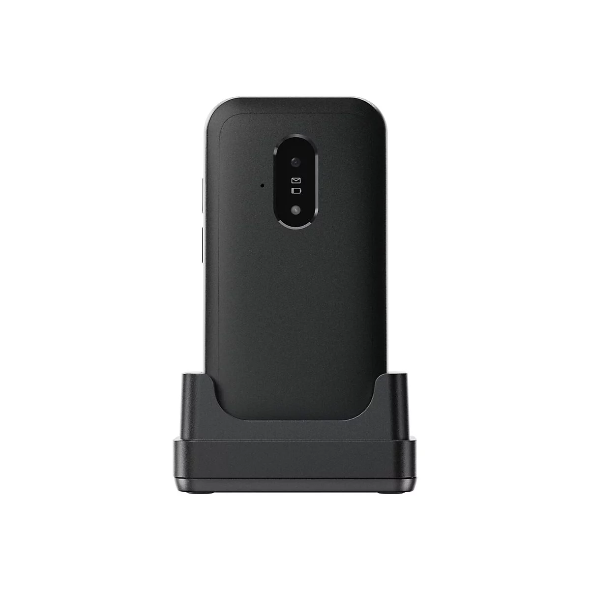 Schwarzes mobiles Lesegerät, steht in einer Halterung. Oben befinden sich Kamera und Symbole.