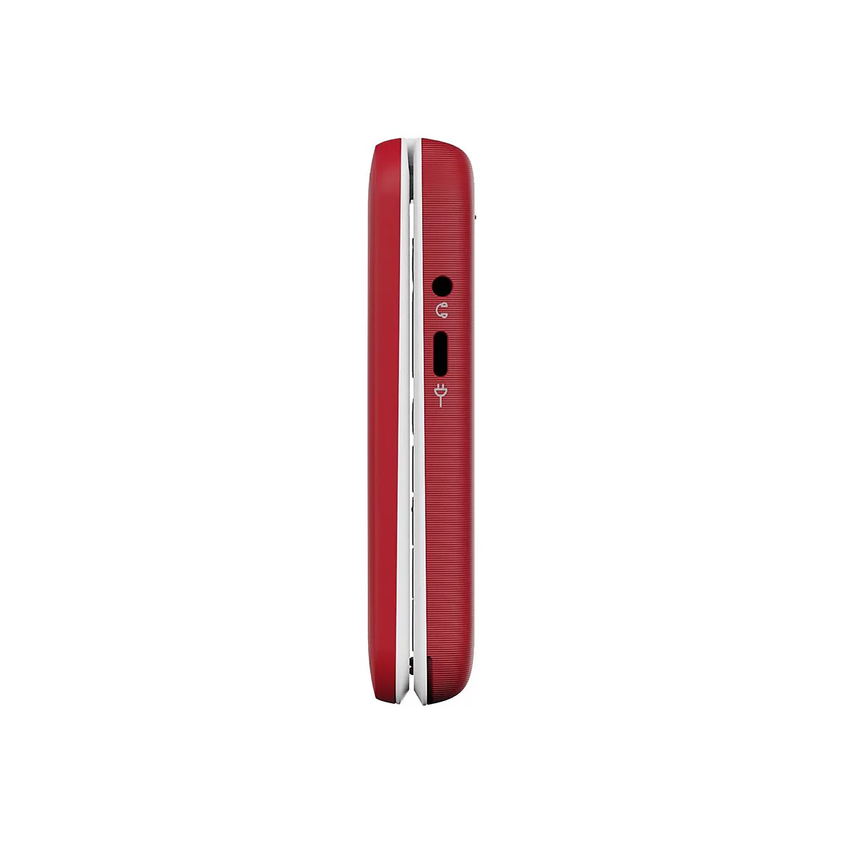 Vue latérale d'un téléphone portable rouge. Une prise casque, un interrupteur et un port de chargement sont visibles.
