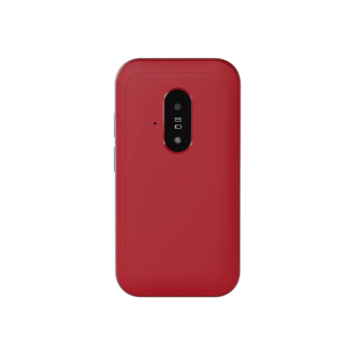 Smartphone rouge avec deux caméras et un flash sur fond blanc.