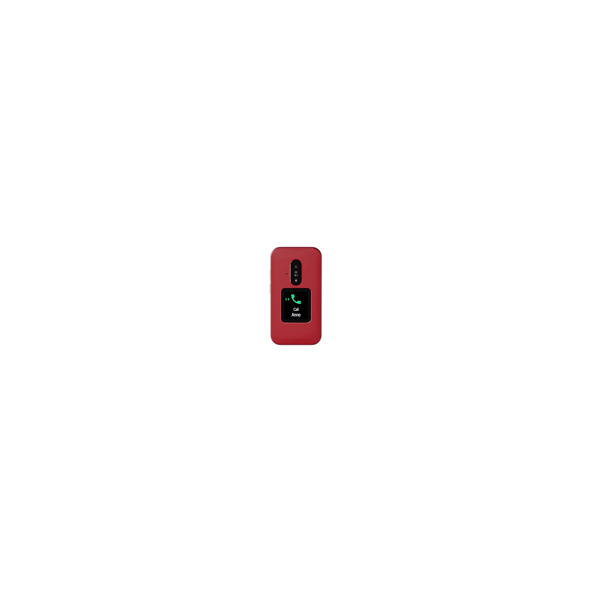 Un téléphone à clapet rouge avec un écran. Sur l'écran : appel Anne.