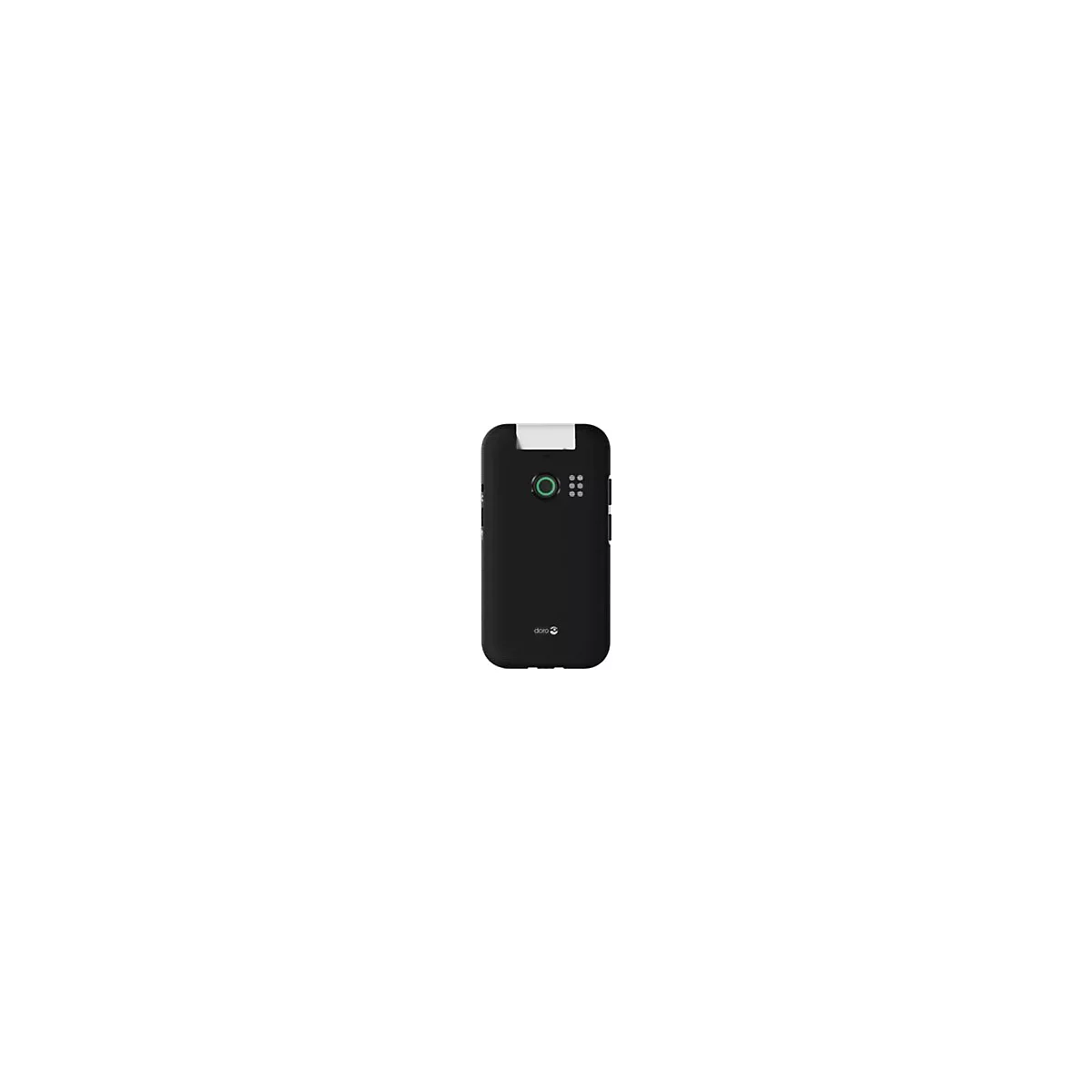 Téléphone noir avec cercles verts et six points. Un rabat blanc au-dessus, un lettrage en bas.