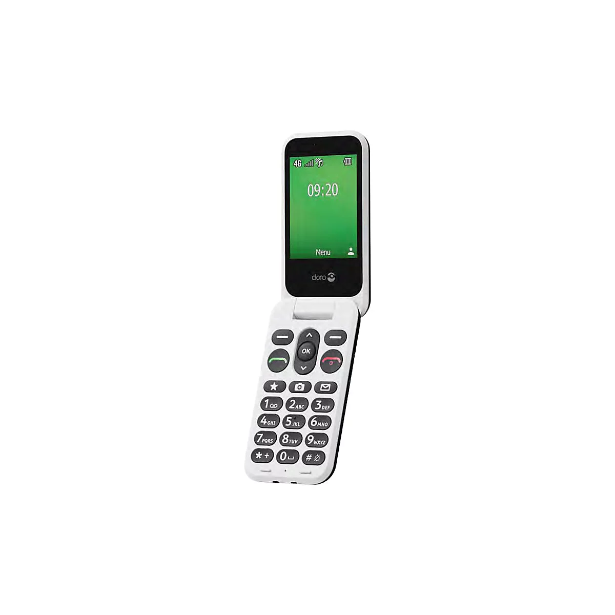 Un téléphone à clapet blanc, ouvert, avec écran vert. Heure 09h20. En dessous de l'écran se trouvent des boutons, dont des chiffres et des symboles.