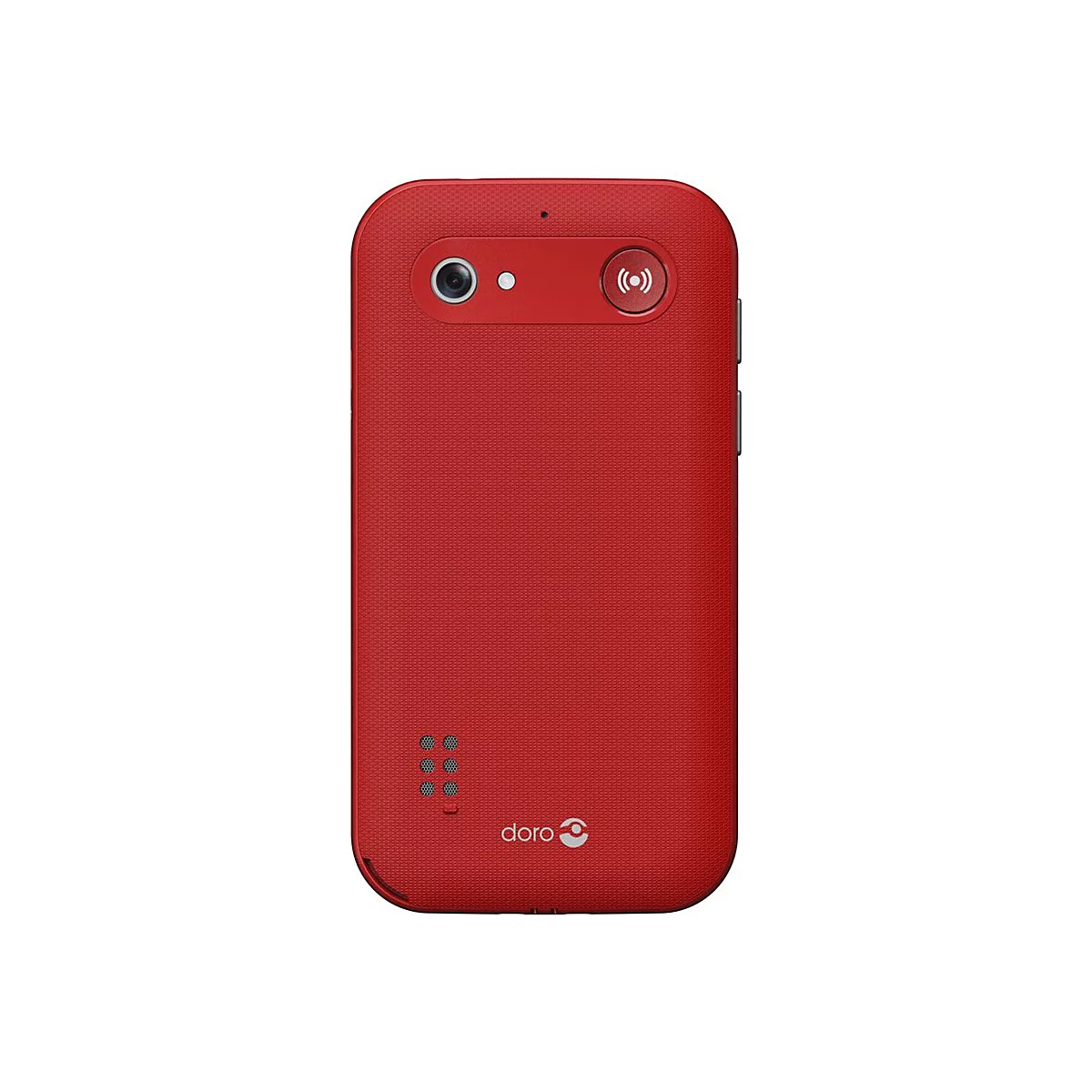 Rotes Mobiltelefon, Kamera und Wifi-Symbol, darunter das doro-Logo. Mit Textur