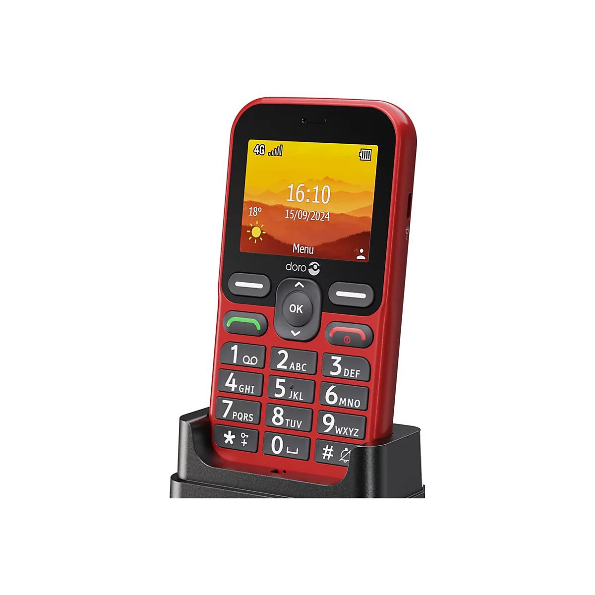 Rotes Doro-Seniorenhandy in der Ladestation mit hellem Display, Uhrzeit 16:10 Uhr und großen, deutlichen Tasten.