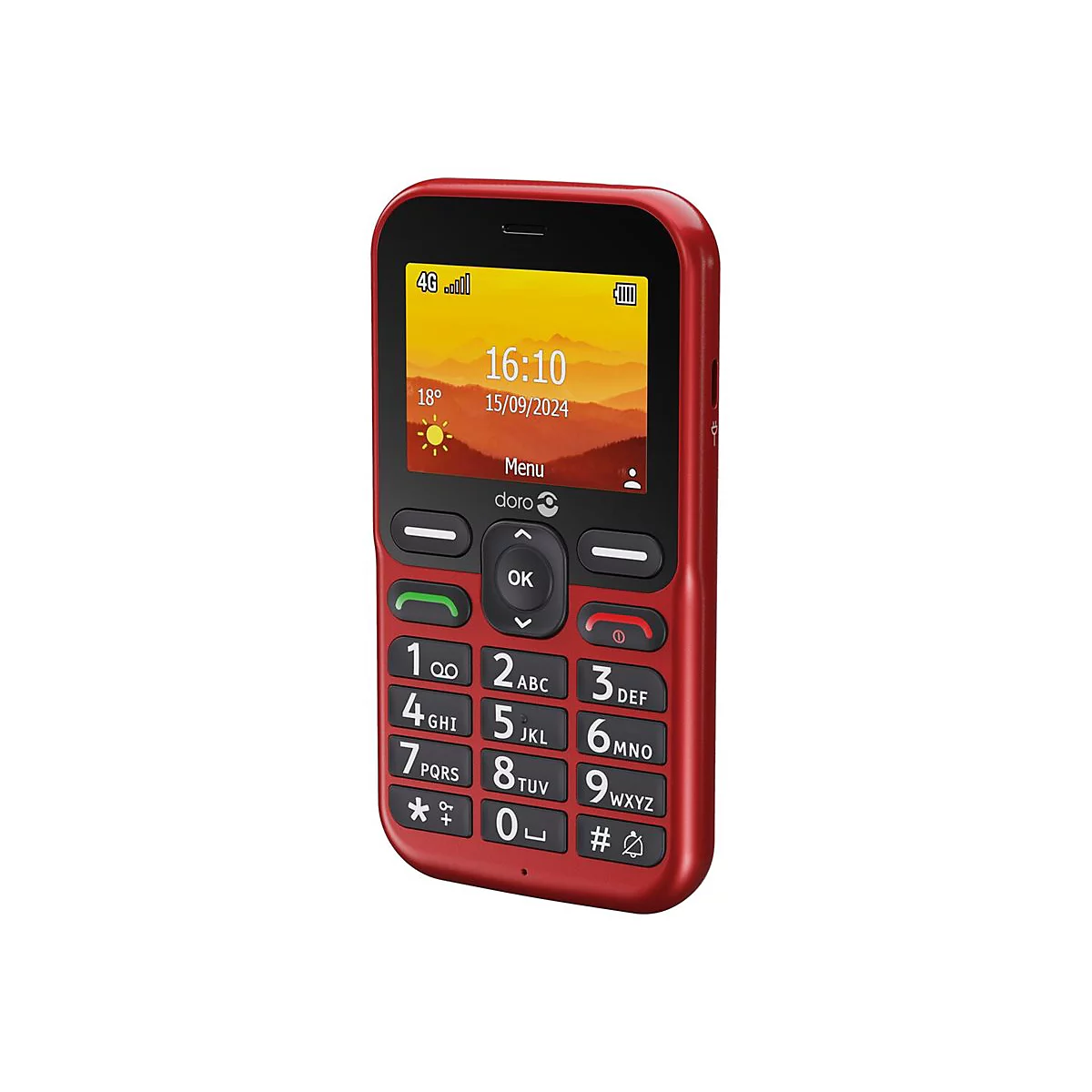 Téléphone portable rouge avec boutons et écran. L'heure, la date et le menu sont affichés.