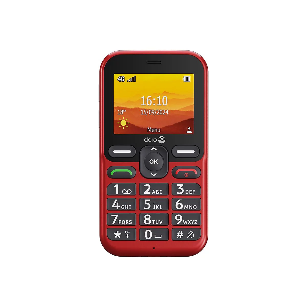 Rotes Handy mit Display, Tastatur. Uhrzeit 16:10, Datum 15.09.2024. Obere Reihe: Empfangsbalken, Akku.
