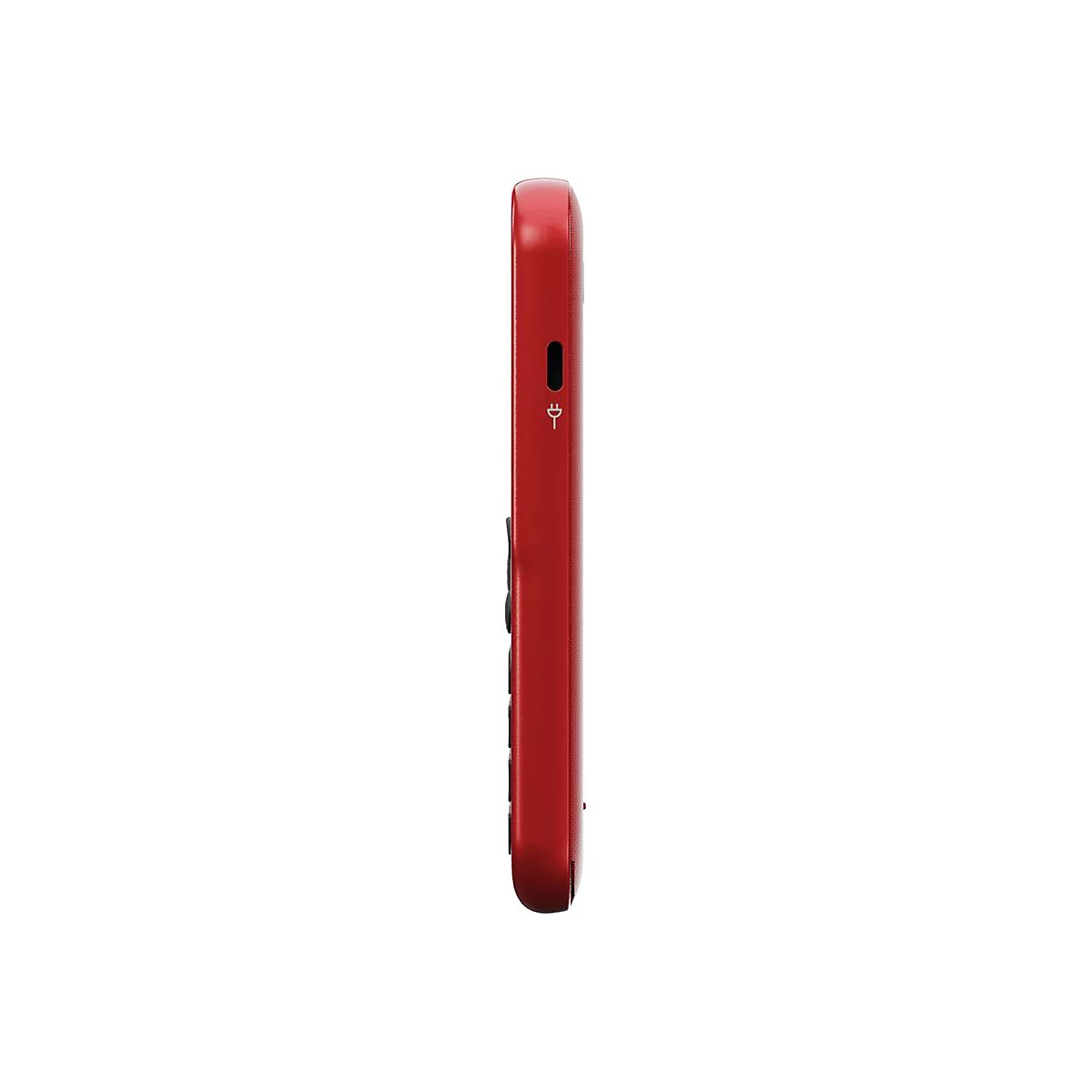 Rotes Handy von der Seite, mit Knöpfen und Ladeanschluss.