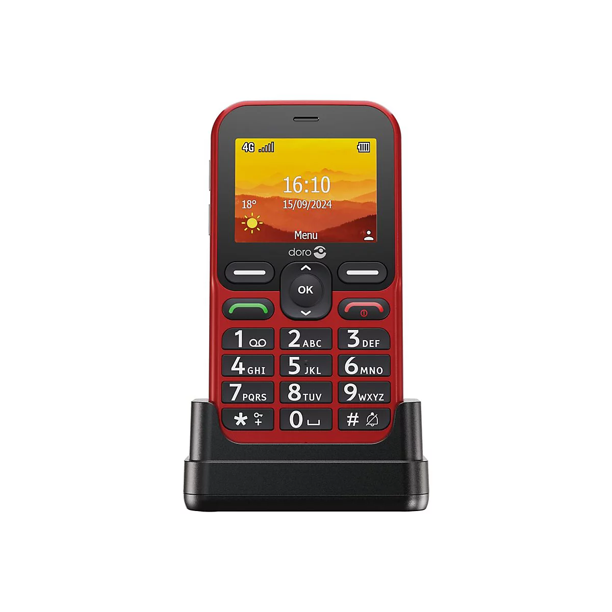Rotes Handy in Ladestation. Uhrzeit 16:10, Datum 15.09.2024. Display zeigt Menü, Wetter. Zifferntasten und OK-Taste.