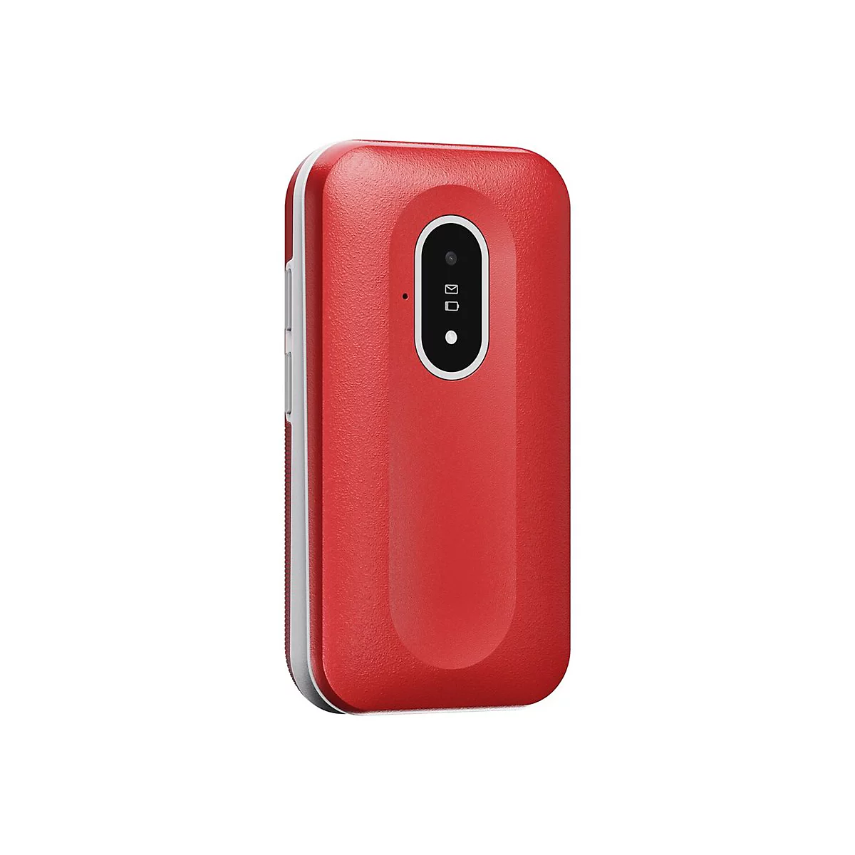 Rotes Klapphandy in geschlossener Ansicht auf weißem Hintergrund mit Kamera- und Displaymodul auf der Vorderseite.
