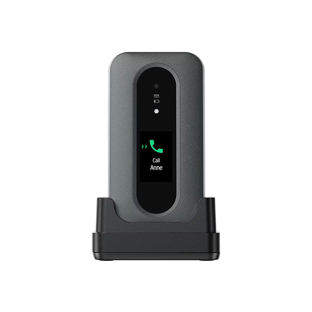 Base de téléphone fixe grise dans une station de charge, appelant Anne. Écran éclairé en vert avec une icône de téléphone.