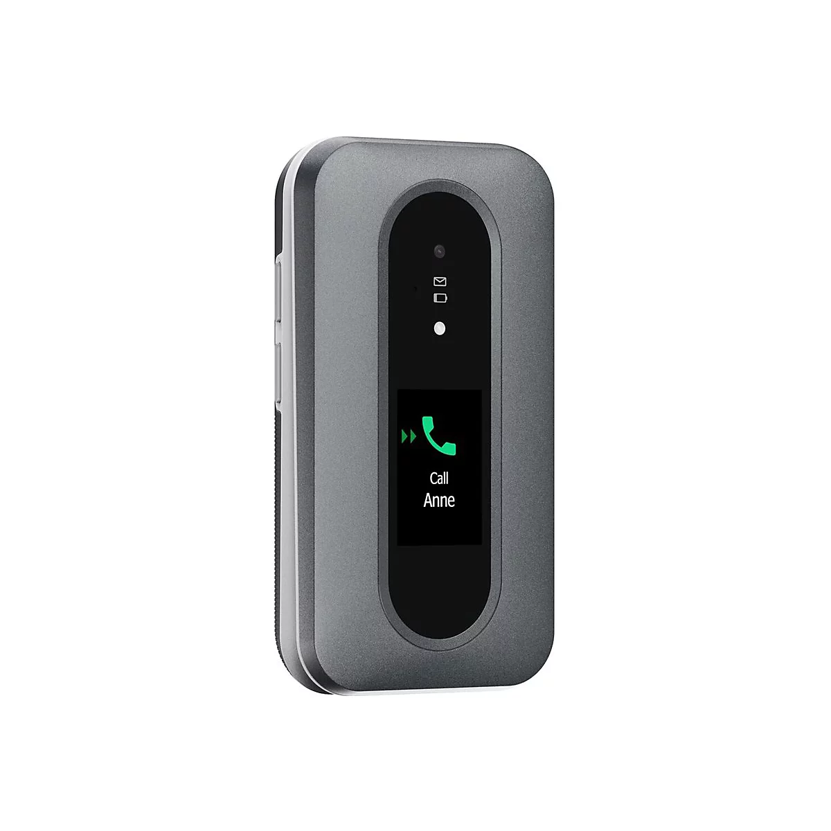 Téléphone gris, écran avec icône de téléphone verte et texte "Call Anne".