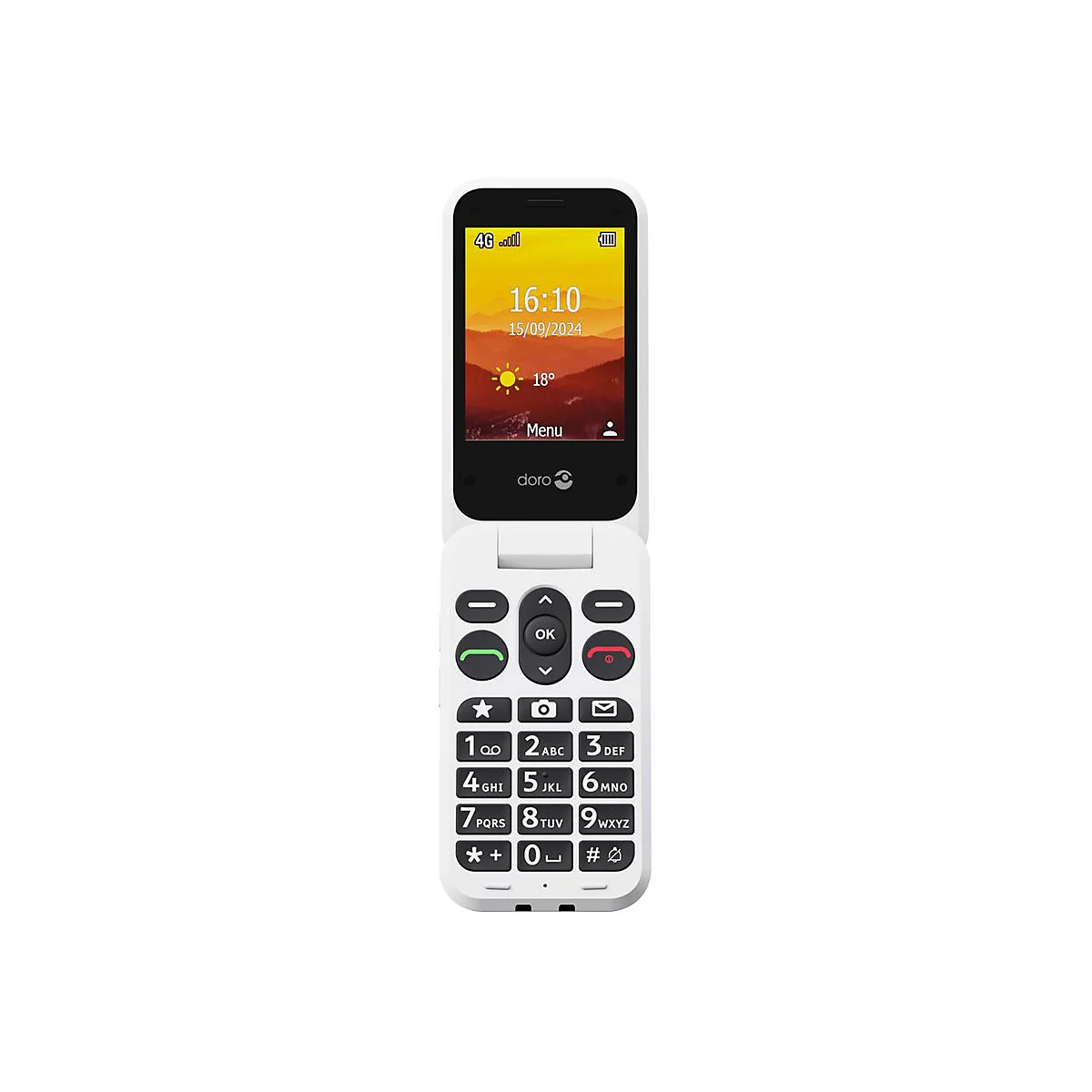 Téléphone à clapet blanc, ouvert, affichant l'heure et la date. En dessous, des boutons avec des chiffres et des symboles.