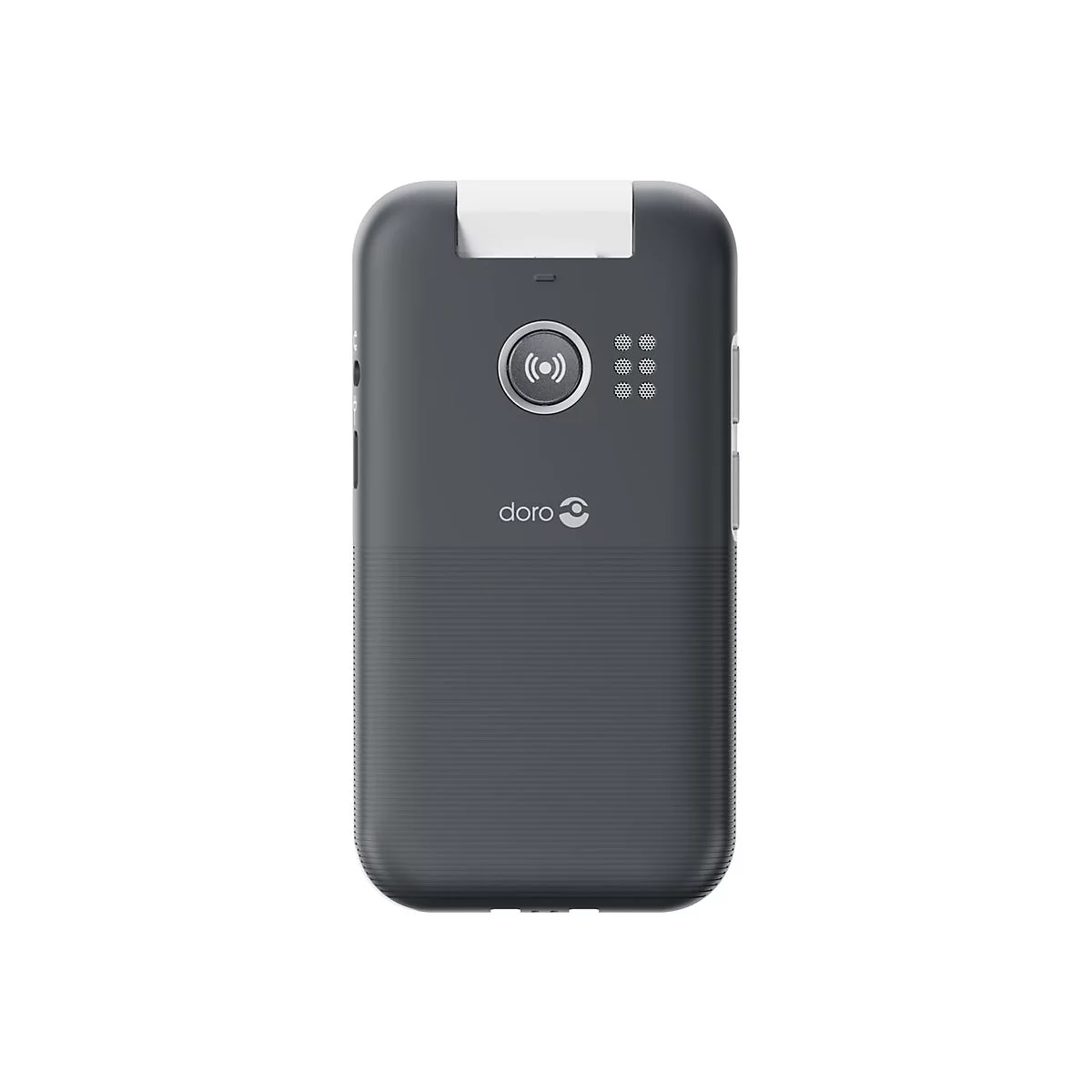 Téléphone portable Doro gris foncé avec une section blanche en haut. Bouton rond avec un symbole d'onde radio, rangée de boutons rectangulaires, logo Doro.