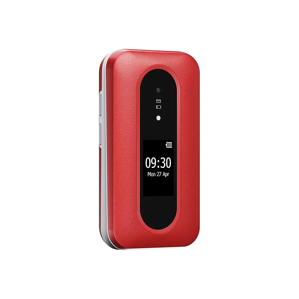 Appareil mobile rectangulaire rouge avec écran. L'écran affiche l'heure 09:30 et la date lundi 27 avril.