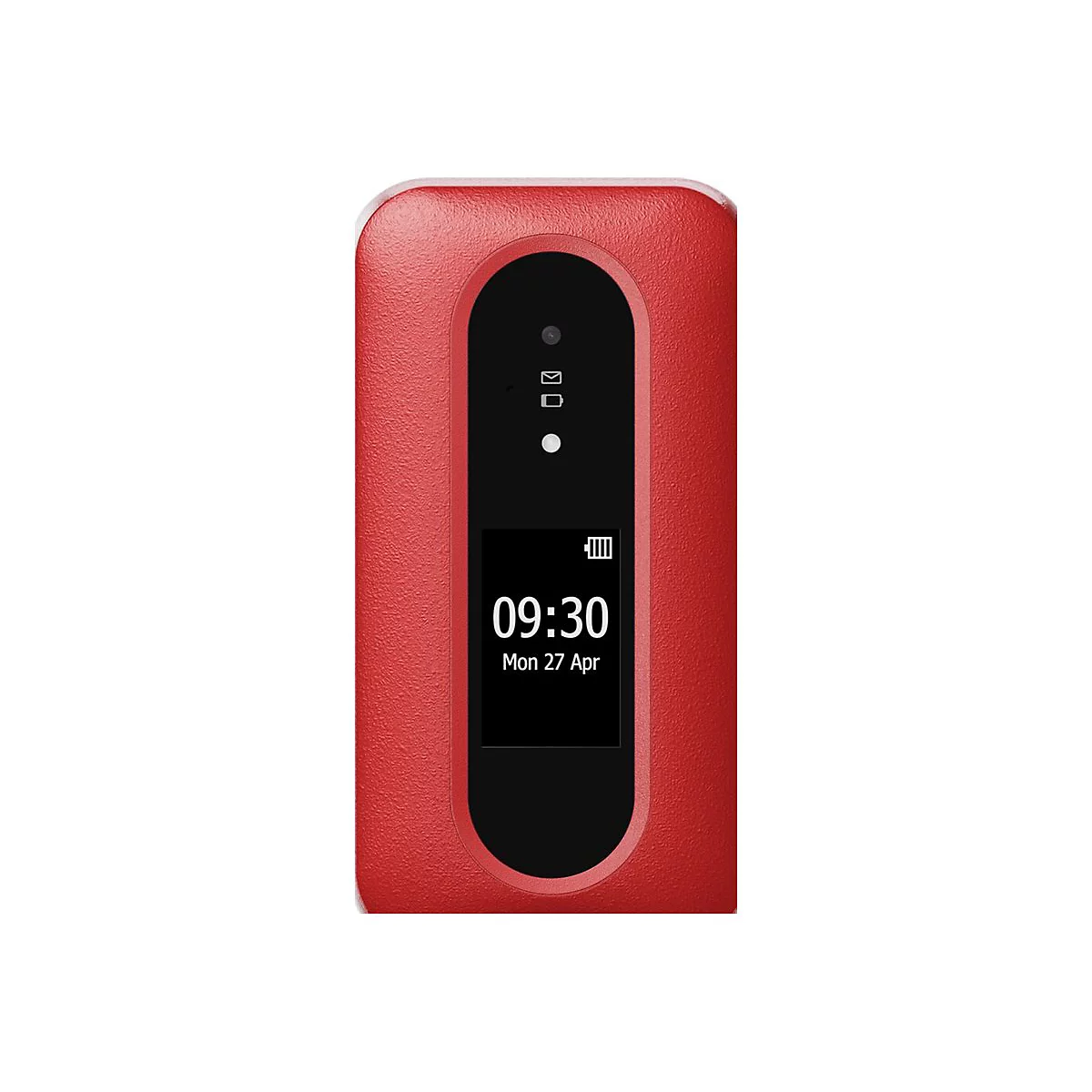 Modem mobile rouge avec écran noir affichant 09h30 et lundi 27 avril.