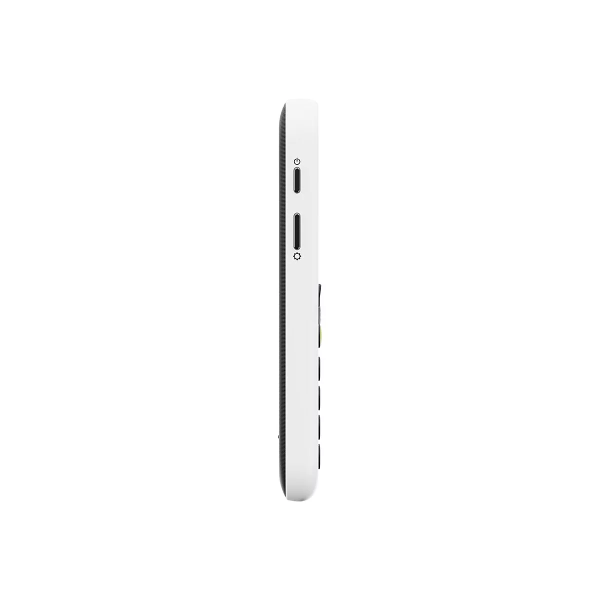 Seitenansicht eines weißen Handys mit Power- und Einstellungstaste an der schmalen Kante.