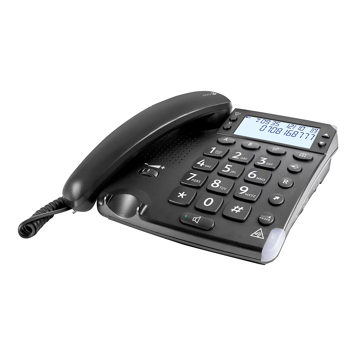 Schwarzes Doro-Seniorentelefon mit großen Tasten und beleuchtetem Display vor weißem Hintergrund.