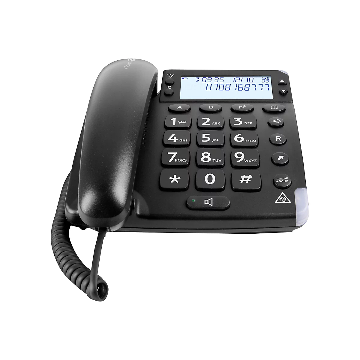 Schwarzes Doro-Seniorentelefon mit großen Tasten, Display und Hörer auf weißem Hintergrund.
