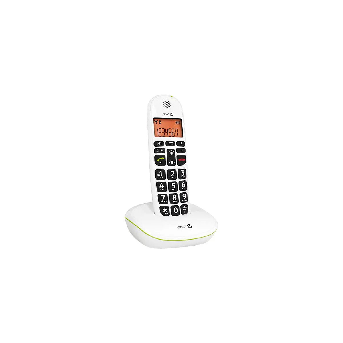 Weißes, ergonomisches Seniorenhandy von Doro in der Ladestation mit großem Display und deutlichen Tasten.