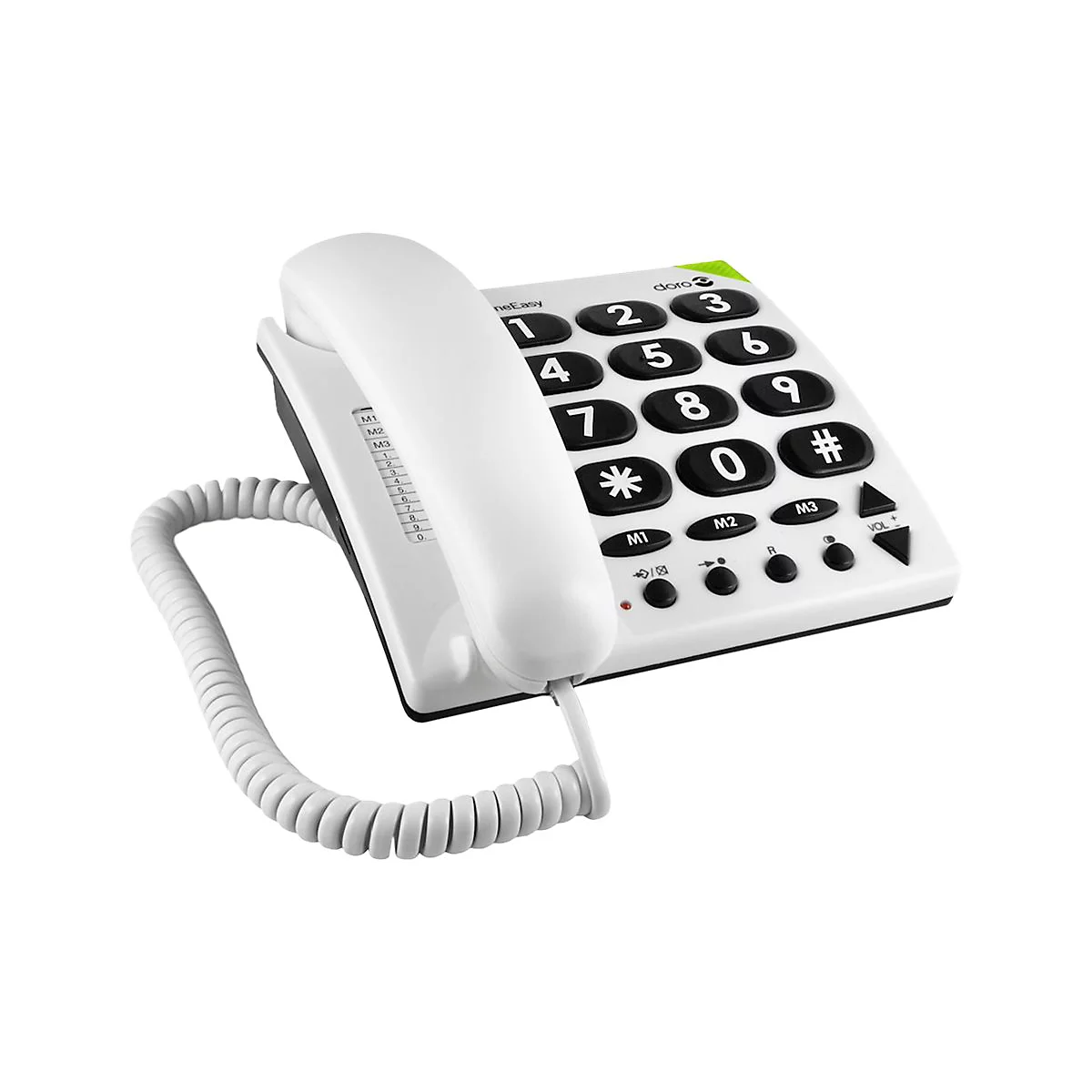 Weißes Festnetztelefon mit großen Tasten und Schnur. Auf den Tasten stehen Zahlen, Sternchen und die Raute.