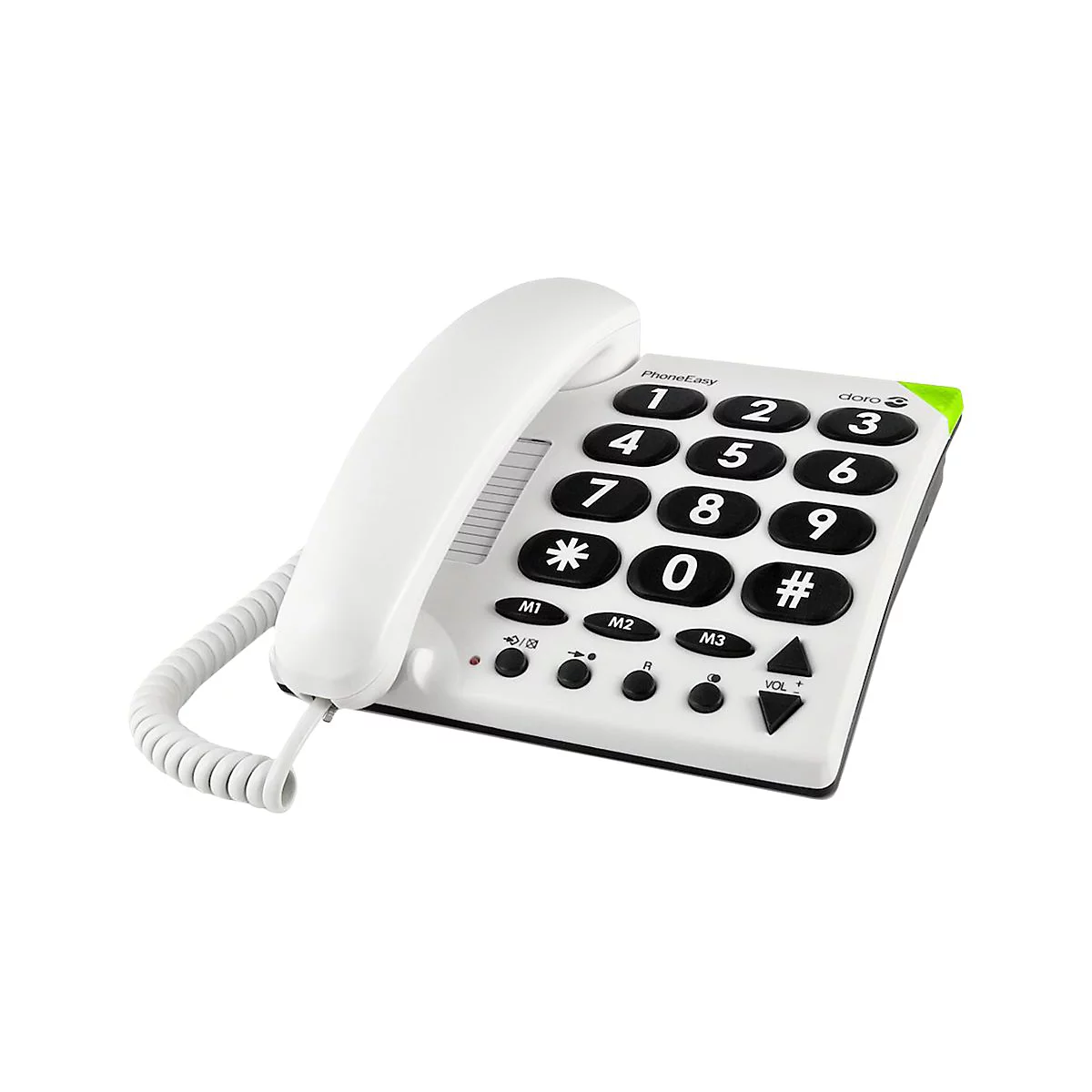 Weißes Festnetztelefon mit großen Tasten und Telefonhörer. Es trägt das Logo "PhoneEasy".