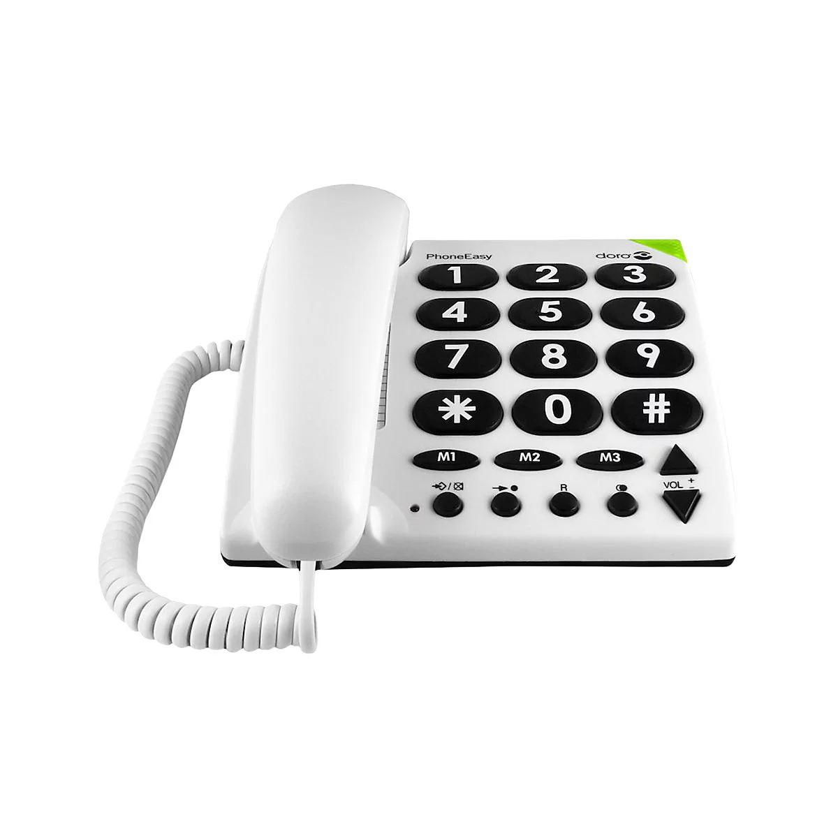 Festnetztelefon in Weiß mit großen Tasten und klarer Beschriftung.