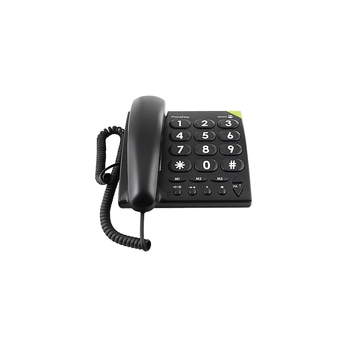 Schwarzes Doro Telefon mit großen Tasten und Hörer auf weißem Hintergrund.