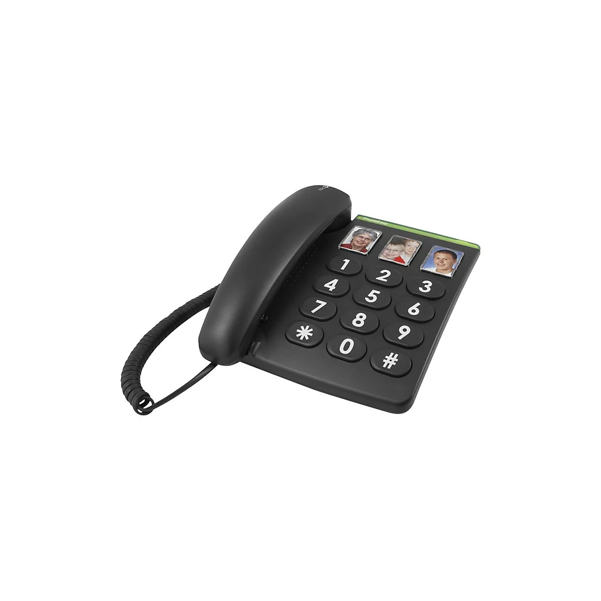 Schwarzes Seniorentelefon mit großen Tasten und drei Foto-Kurzwahltasten auf weißem Hintergrund.