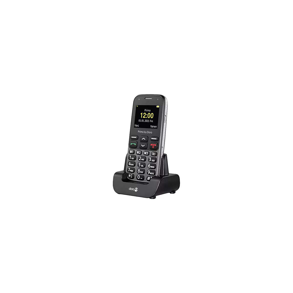 Mobiltelefon, stehend in einer Ladestation. Das Display zeigt die Uhrzeit und das Datum an. Unterhalb der Tastatur sind groÃŸe Tasten angeordnet.