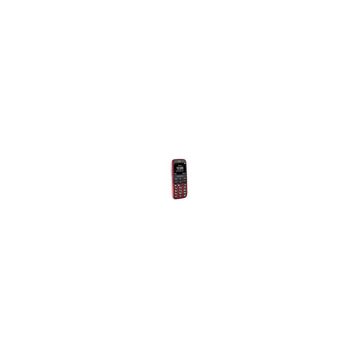 Ein rotes Mobiltelefon fÃ¼r Senioren mit groÃŸem Display. Uhrzeit 12:00 Uhr und Datum 01.03.2023.