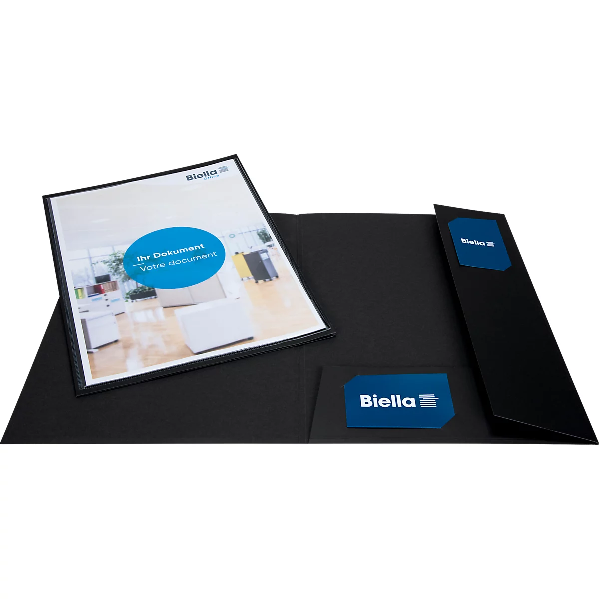 Chemise de documents noire avec logo bleu et document avec le texte : "Ihr Dokument".