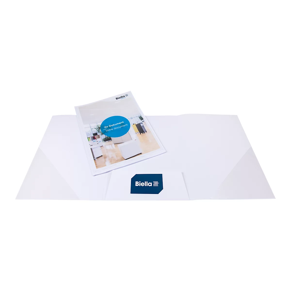 Dossier blanc avec brochure et logo de l'entreprise.