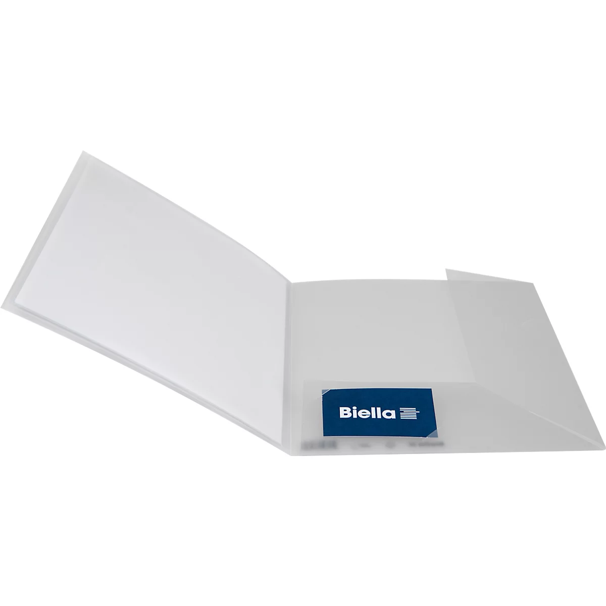 Dossier blanc, semi-transparent, avec une fente à cartes bleue portant l'inscription "Biella".