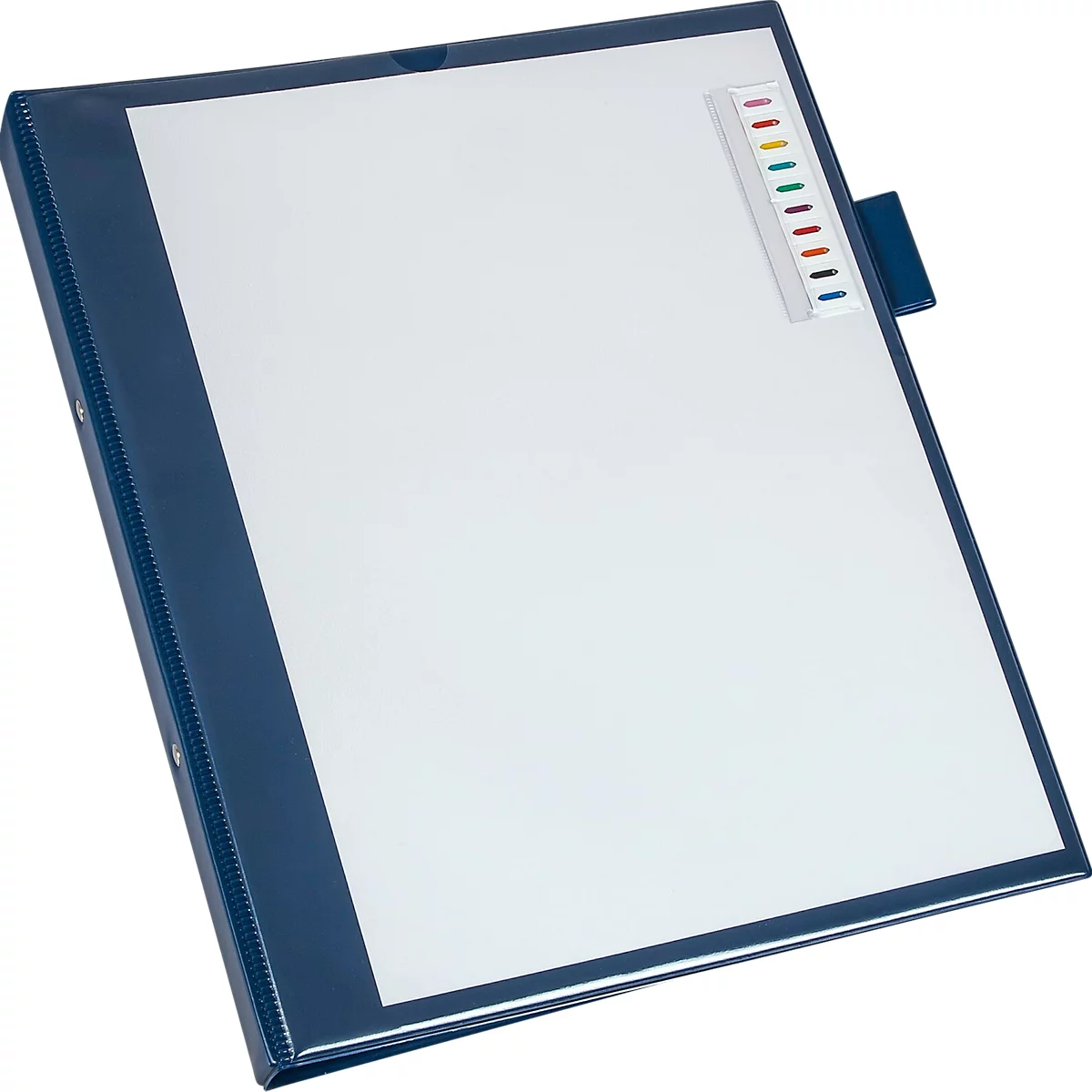 Classeur bleu avec papier blanc et marqueurs colorés.