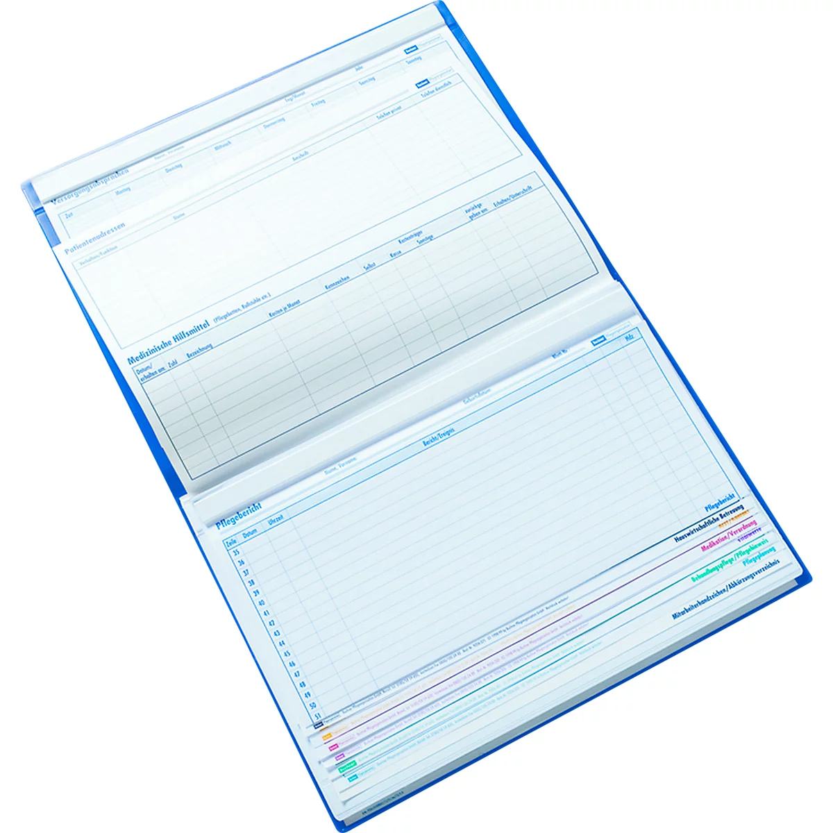 Classeur bleu, ouvert. Les pages sont structurées avec des tableaux et des lignes. Lettrage en bleu, noir et couleur.