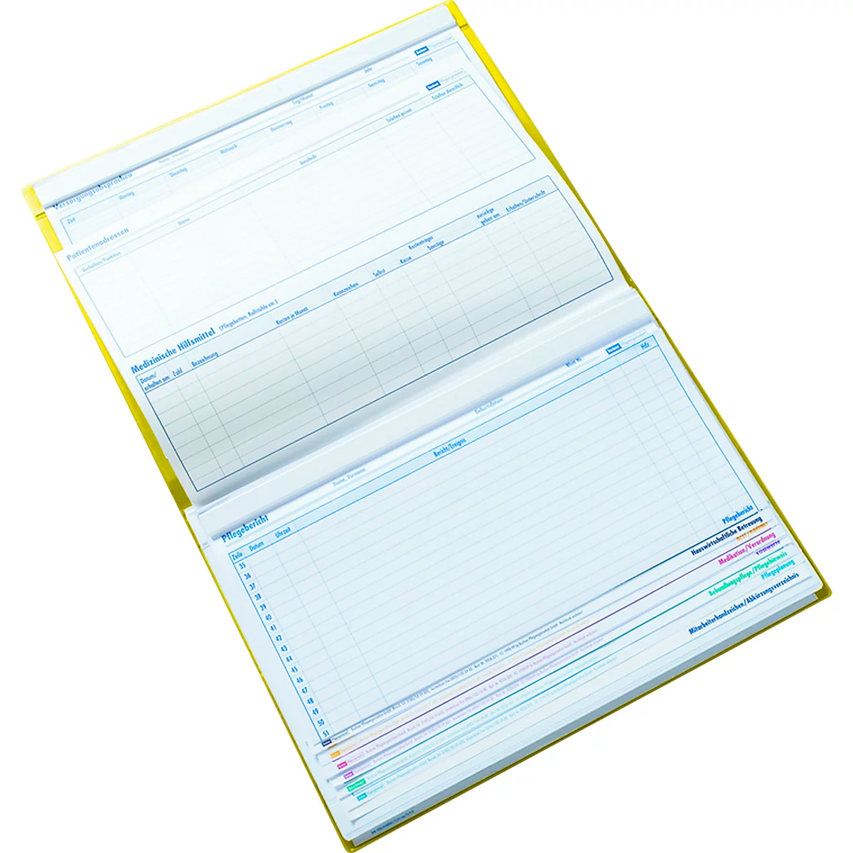 Cahier jaune, ouvert avec des tableaux et des lignes pour les enregistrements. Police bleue. Diverses marques colorées sur le bord.