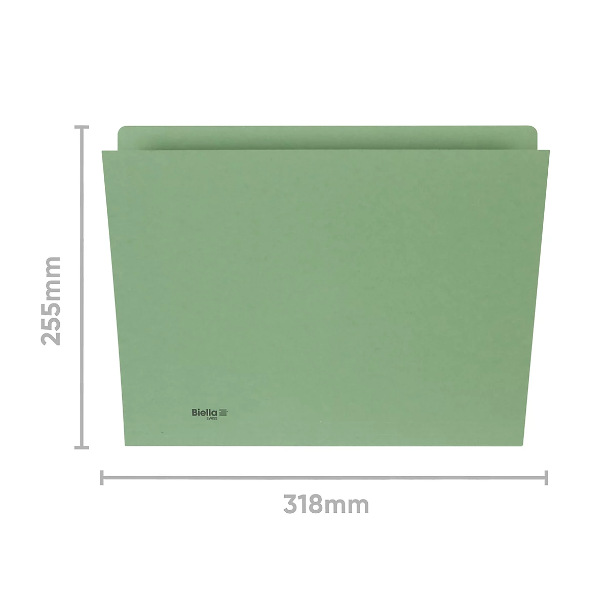 Chemise vert clair, 255 mm de haut et 318 mm de large, avec étiquette.