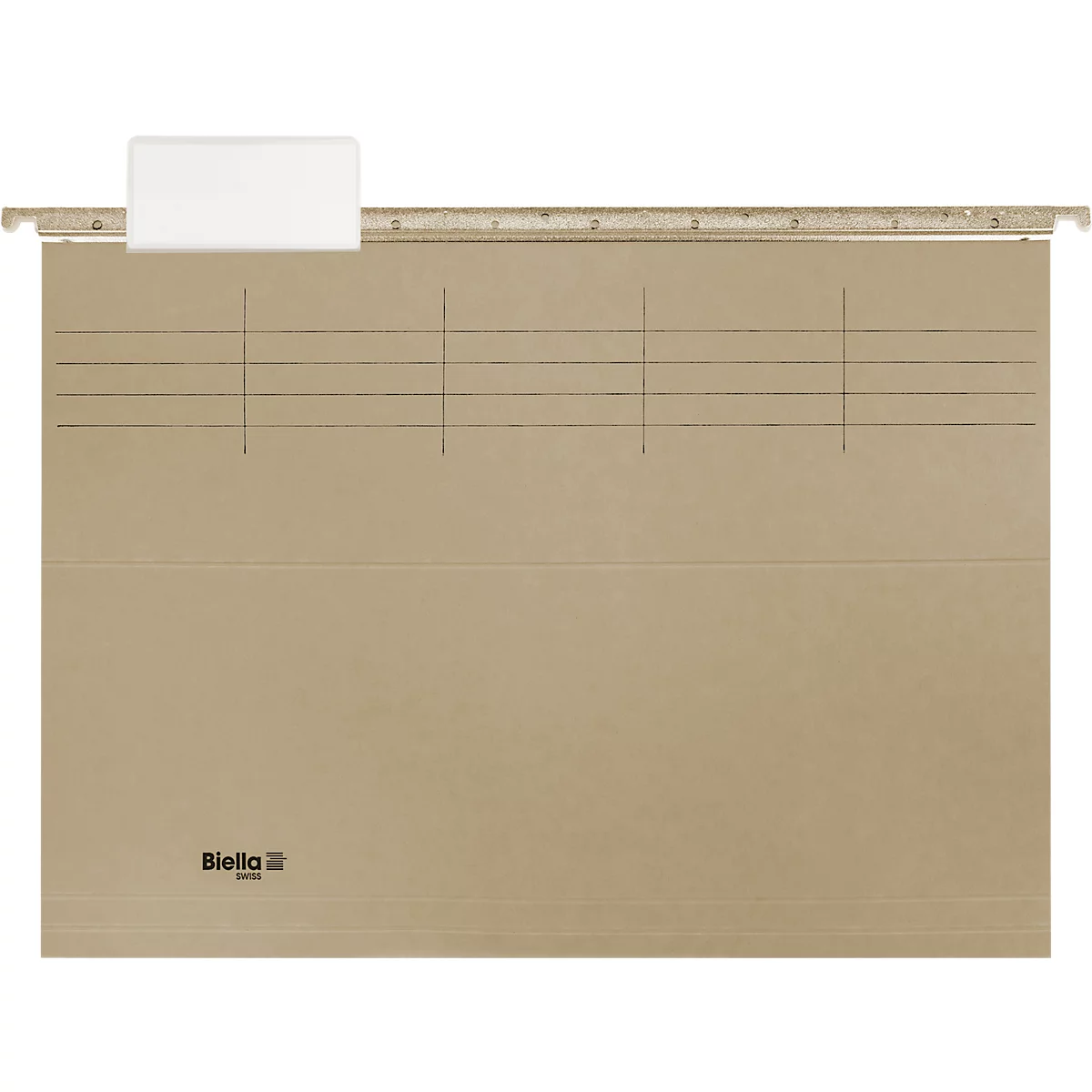 Chemise suspendue beige avec étiquette blanche, lignes noires. Marque : Biella.