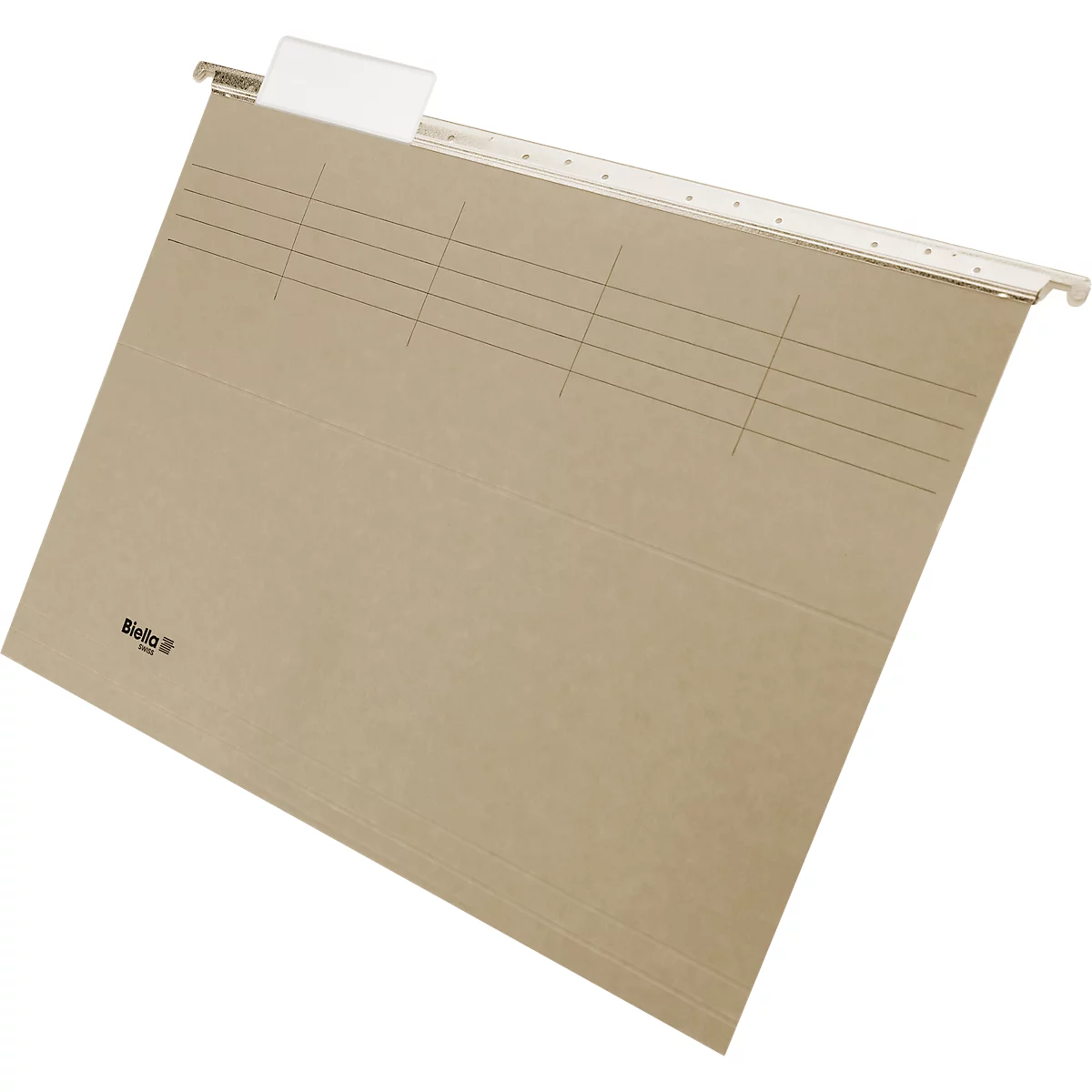 Fichier suspendu en carton marron avec onglet d'étiquetage blanc, mécanisme de suspension et lignes grises.
