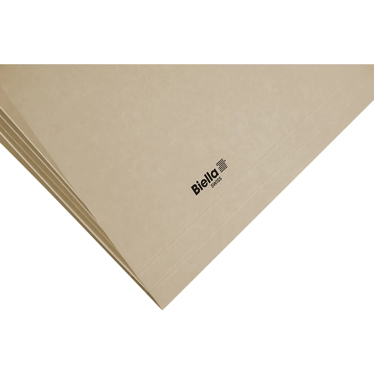 Chemise de documents brun clair, légèrement ondulée, couchée à gauche, avec le logo "Biella".