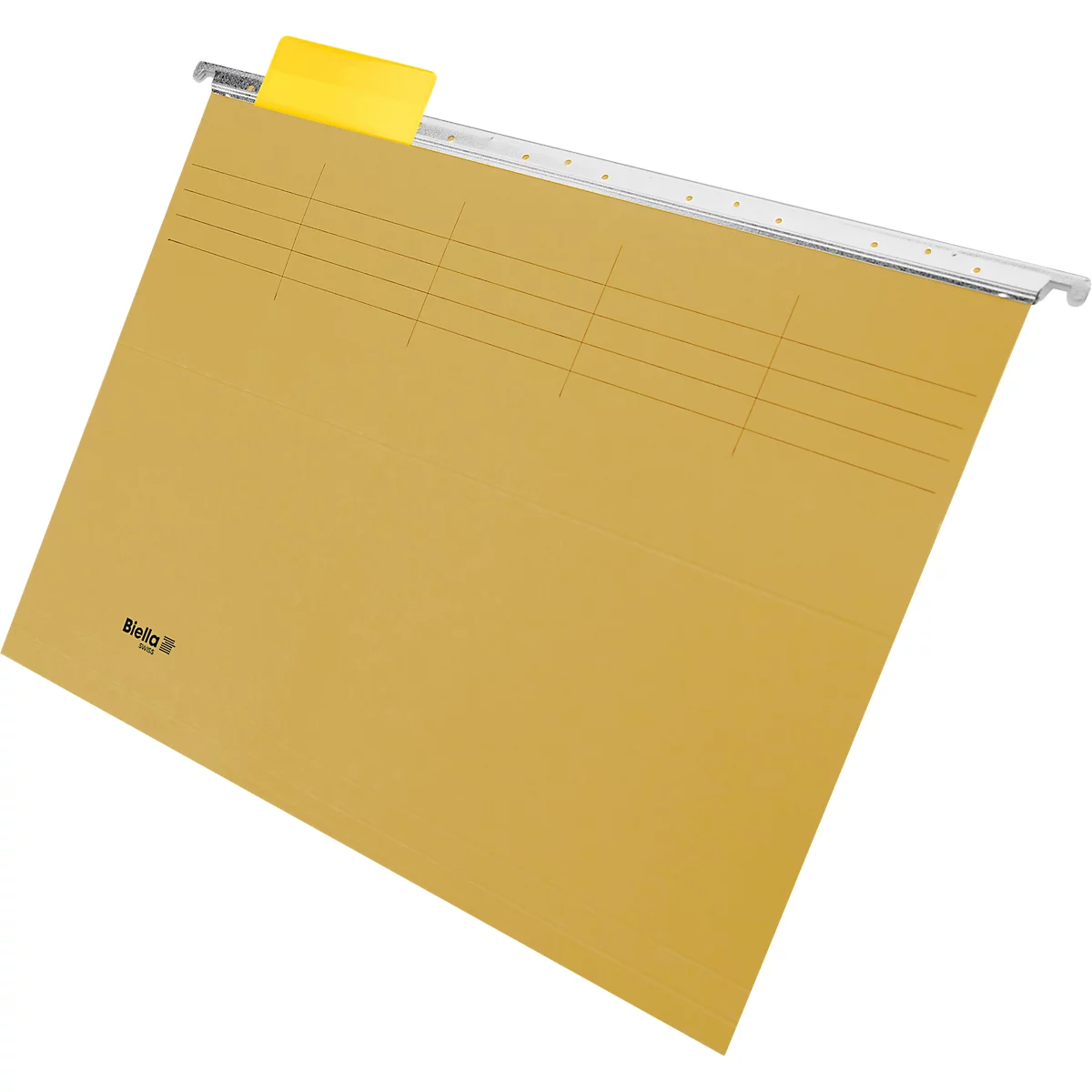 Dossier suspendu jaune avec onglet jaune et lignes noires. Suspension métallique. Sur la couverture du dossier, on lit 'Böke 2'.