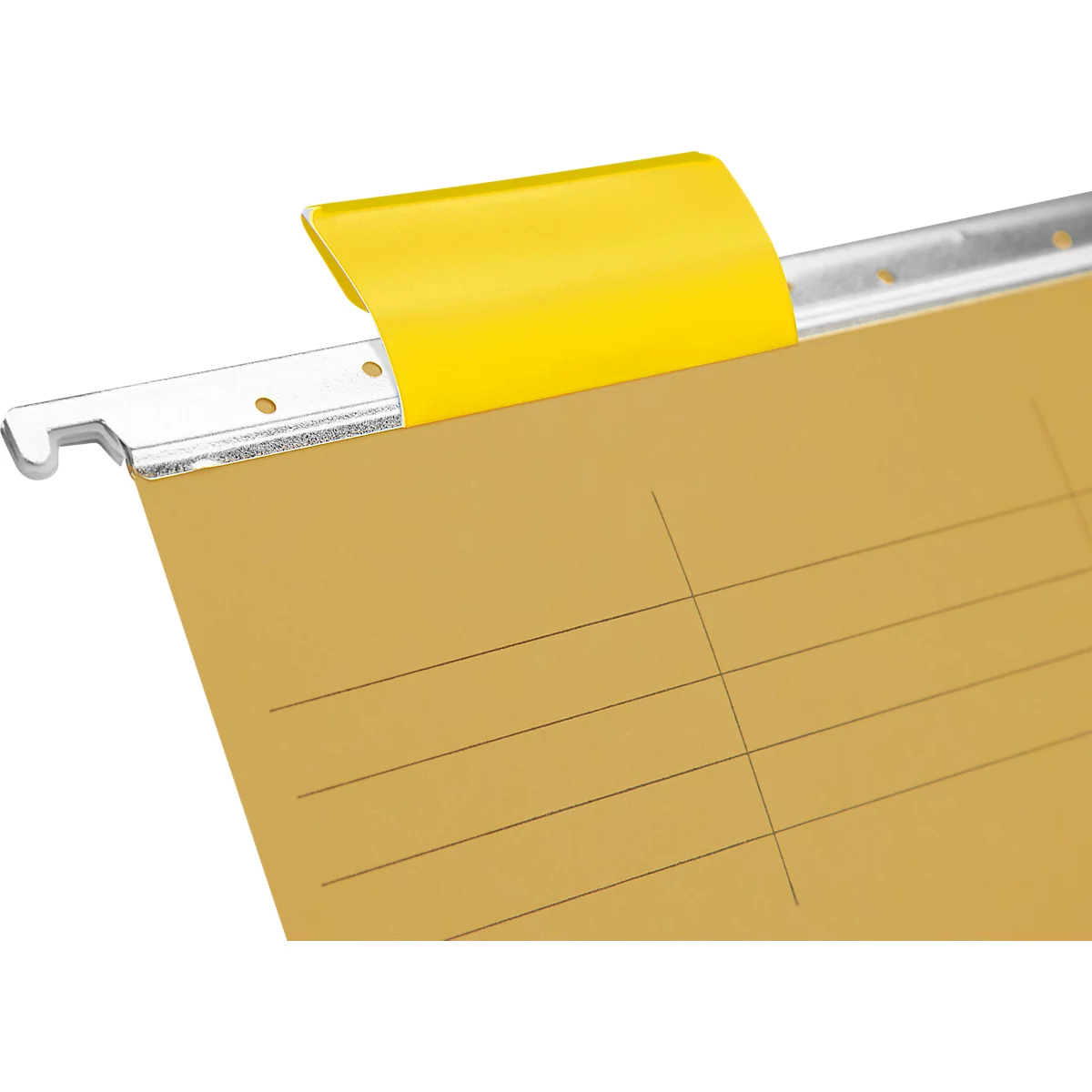 Onglet d'index jaune sur un rail de suspension argenté avec une fiche d'index brune. La carte comporte des lignes et des marquages.
