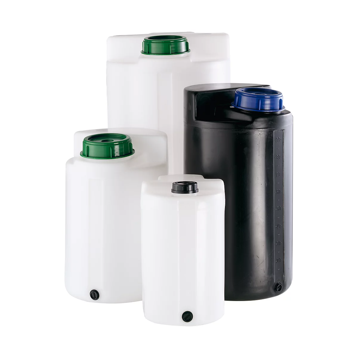 Several differently sized plastic containers, white and black, with green or black lids, stand side by side.