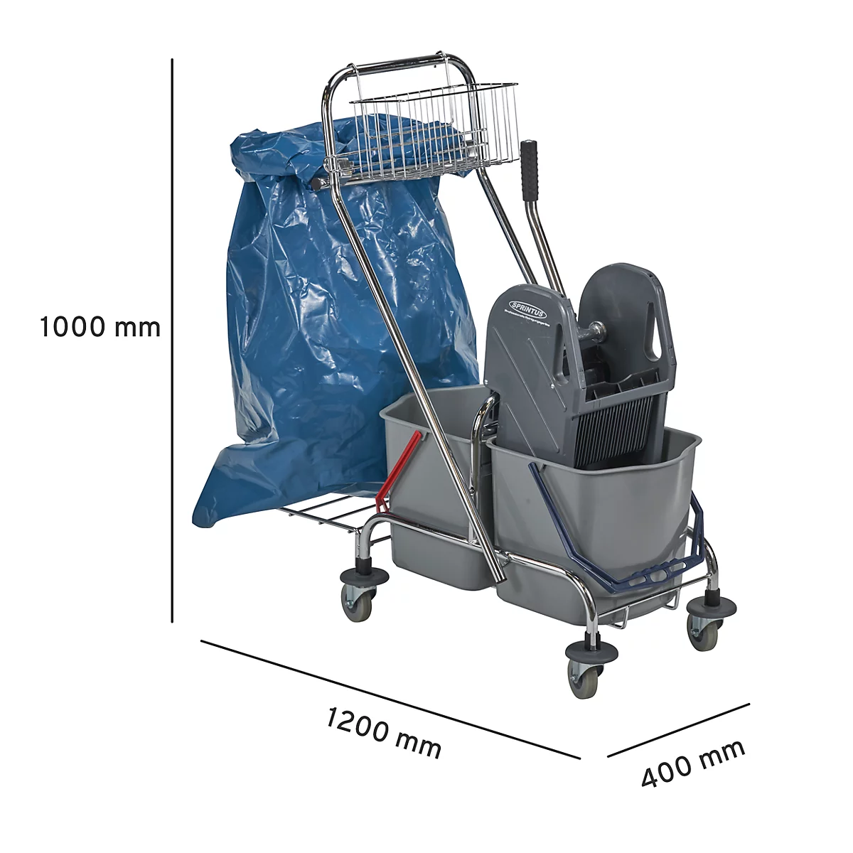 Double chariot de nettoyage avec armature chromée, 2 seaux de 17 litres, presse, support sac poubelle