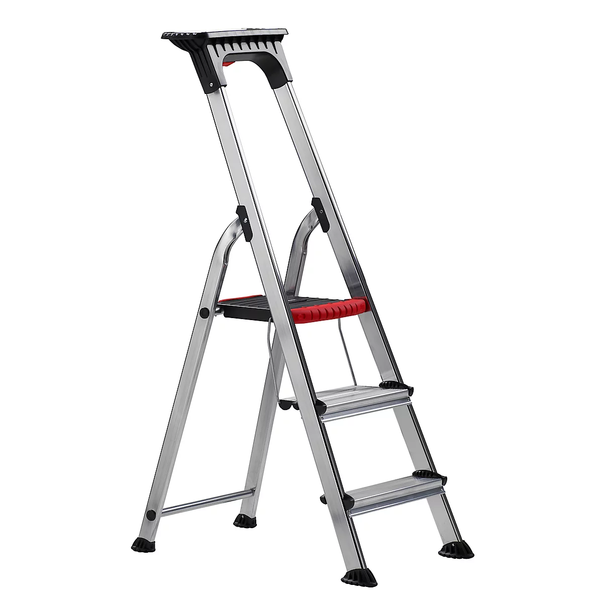 Metal ladder, silver colored. Red accents. With two steps, a platform and a handle.