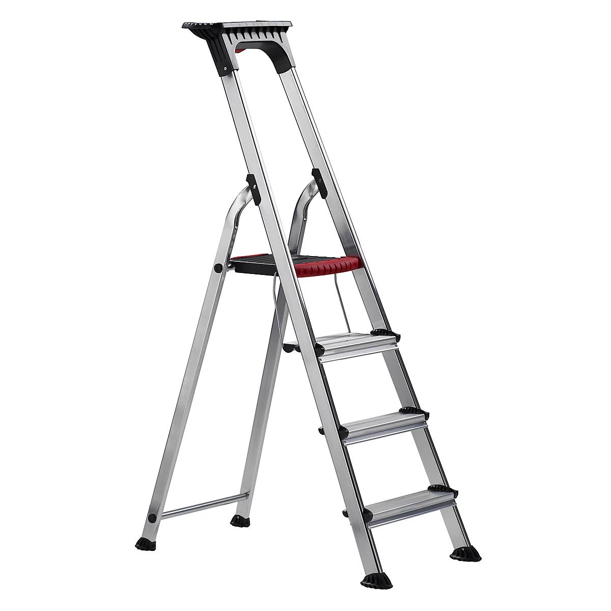 Silver, three-step stepladder on white background. Top has a black handle, red safety bars, and black footrests.