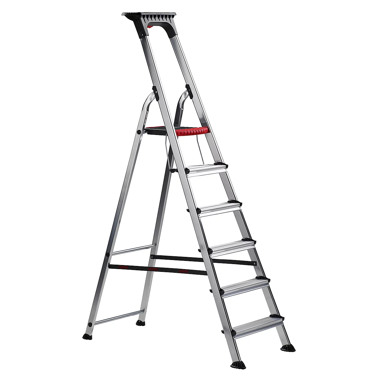 A grey aluminum ladder with red and black accents stands isolated on a white background. It has 6 steps and a holder.