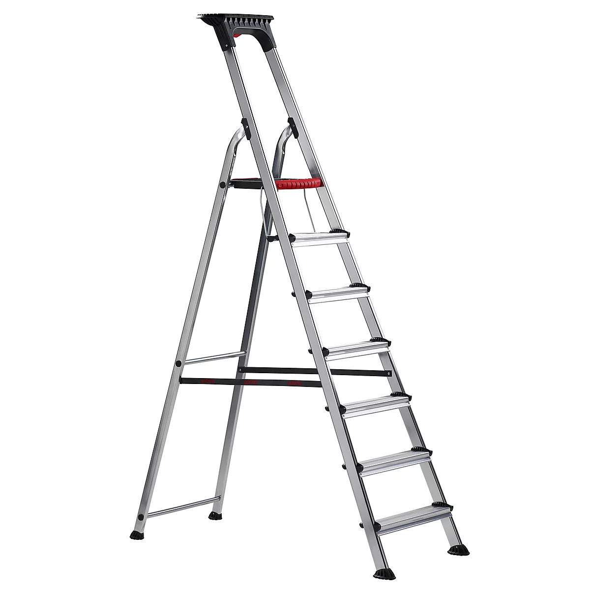 Grey, metallic stepladder with black treads and upper handle. A red reinforcement is visible.