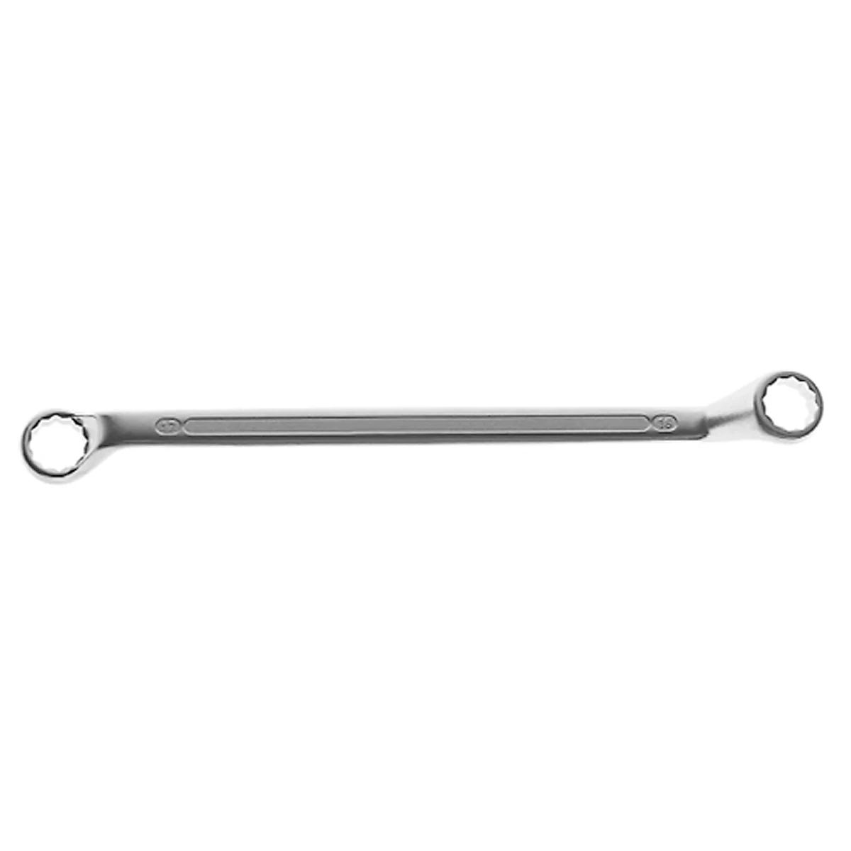 A metal box wrench lies horizontally against a white background. It has a round head with toothed inner surfaces at both ends.