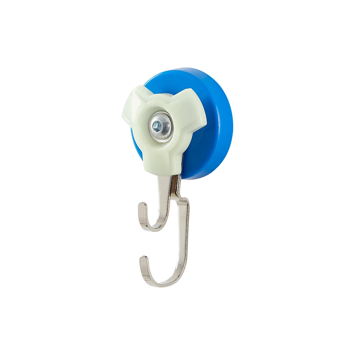 Magnetic hook with blue magnet, white handle and double metal hooks.